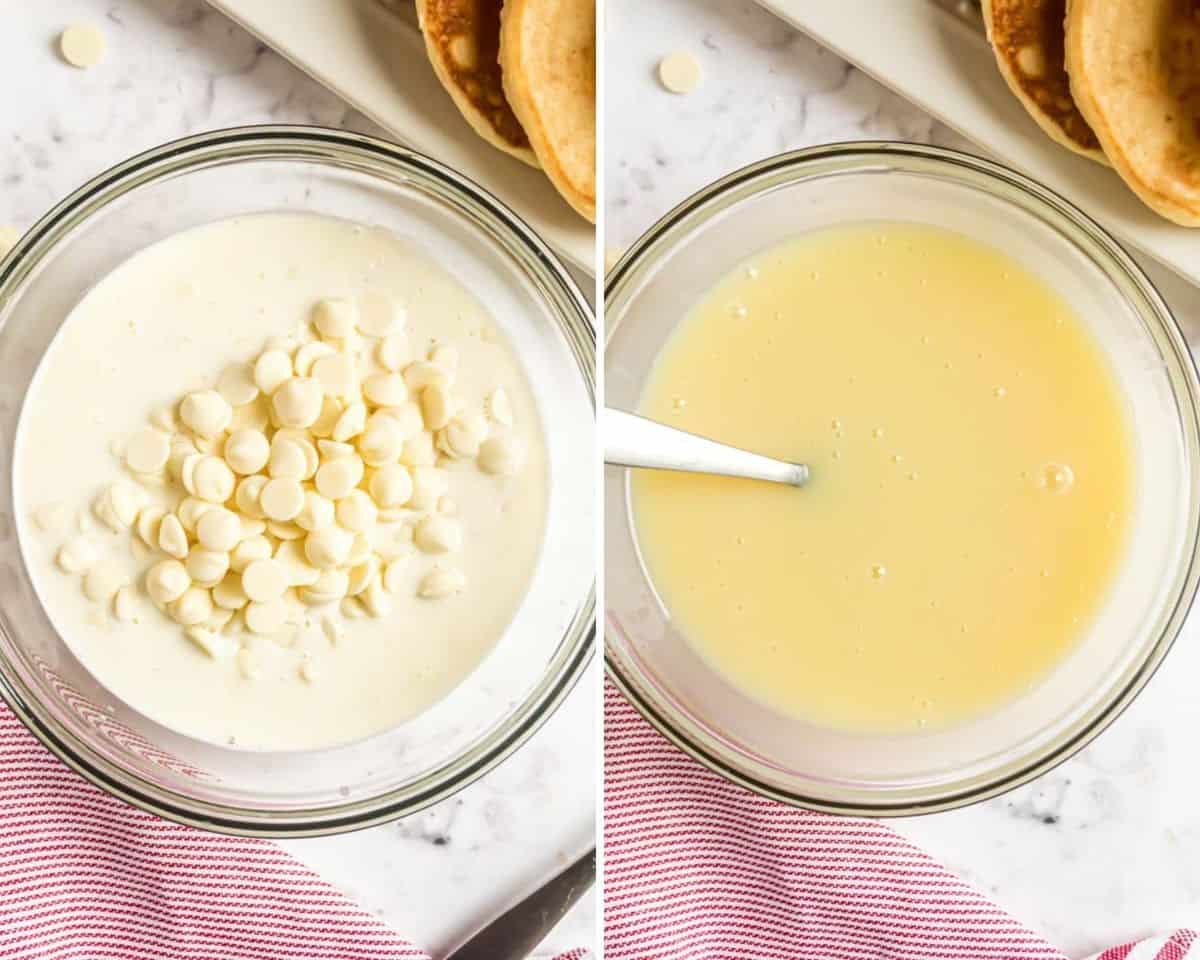White chocolate sauce before and after.