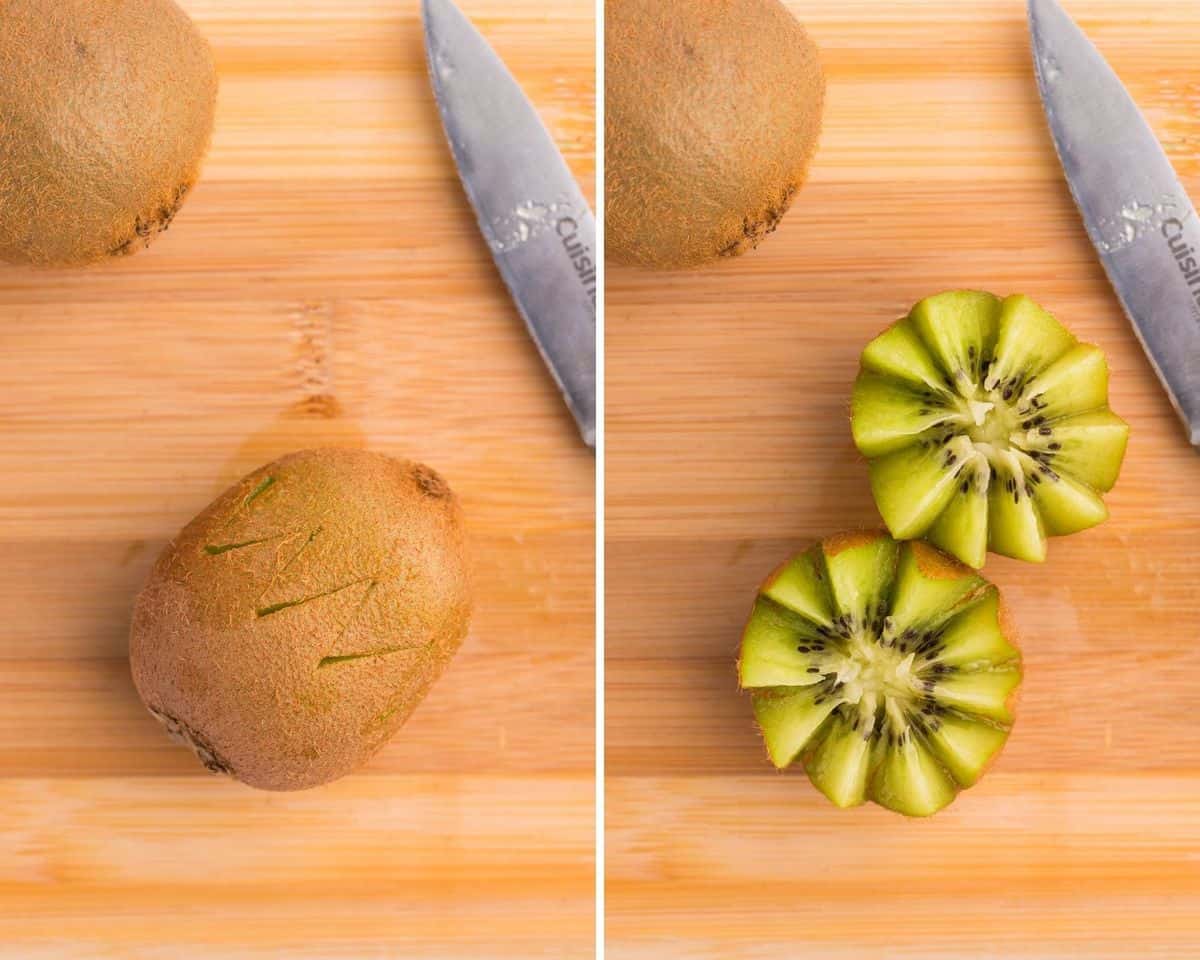 Two images showing how to make a kiwi flower.