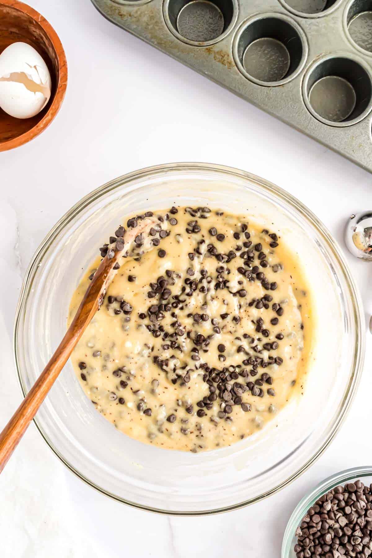 Batter with chocolate chips.