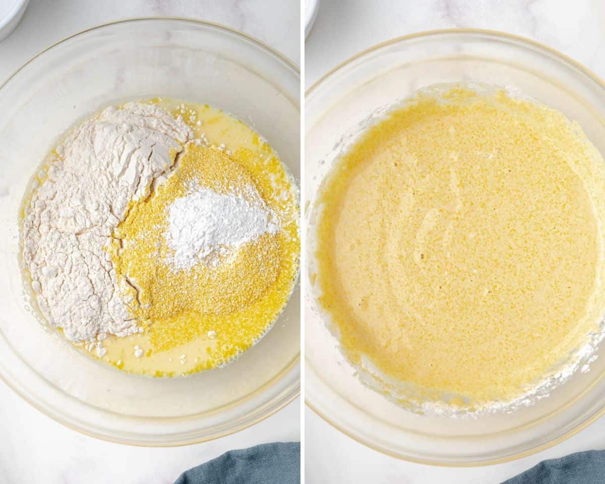 Pancake batter before and after mixing.