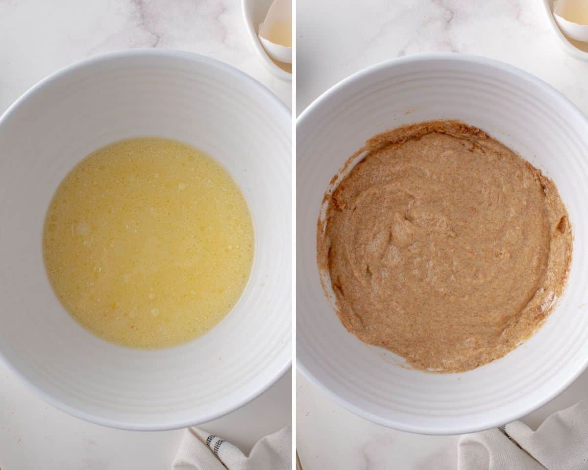 Pancake batter before and after adding flour mixture.