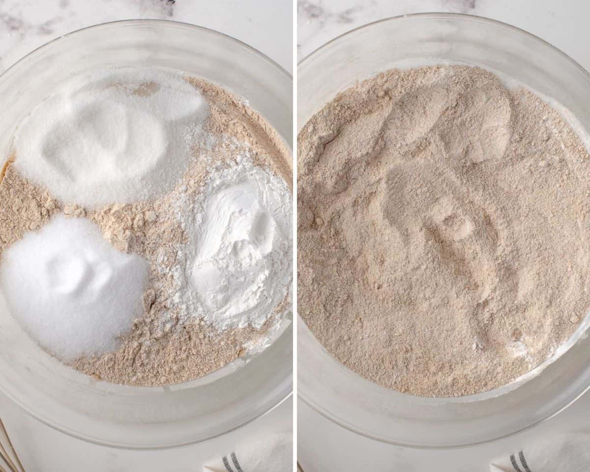 Pancake mix dry ingredients before and after mixing.