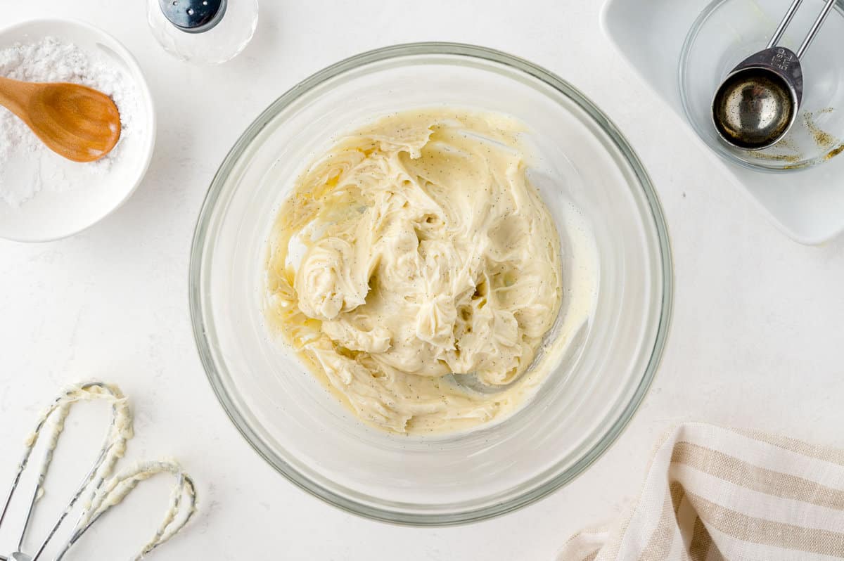 Ingredients mixed together in glass bowl.