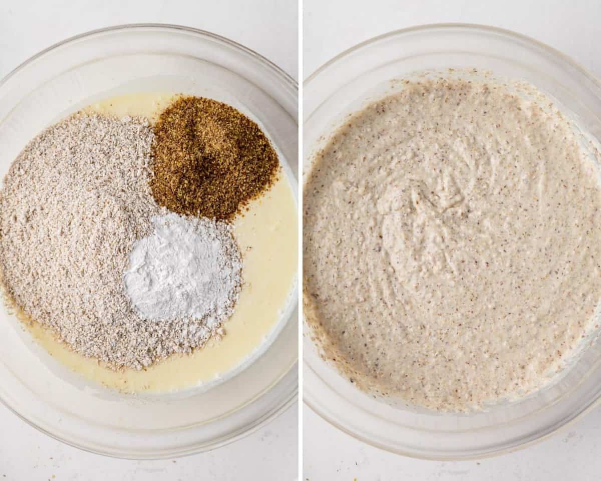 Dry ingredients before and after mixing into wet ingredients.
