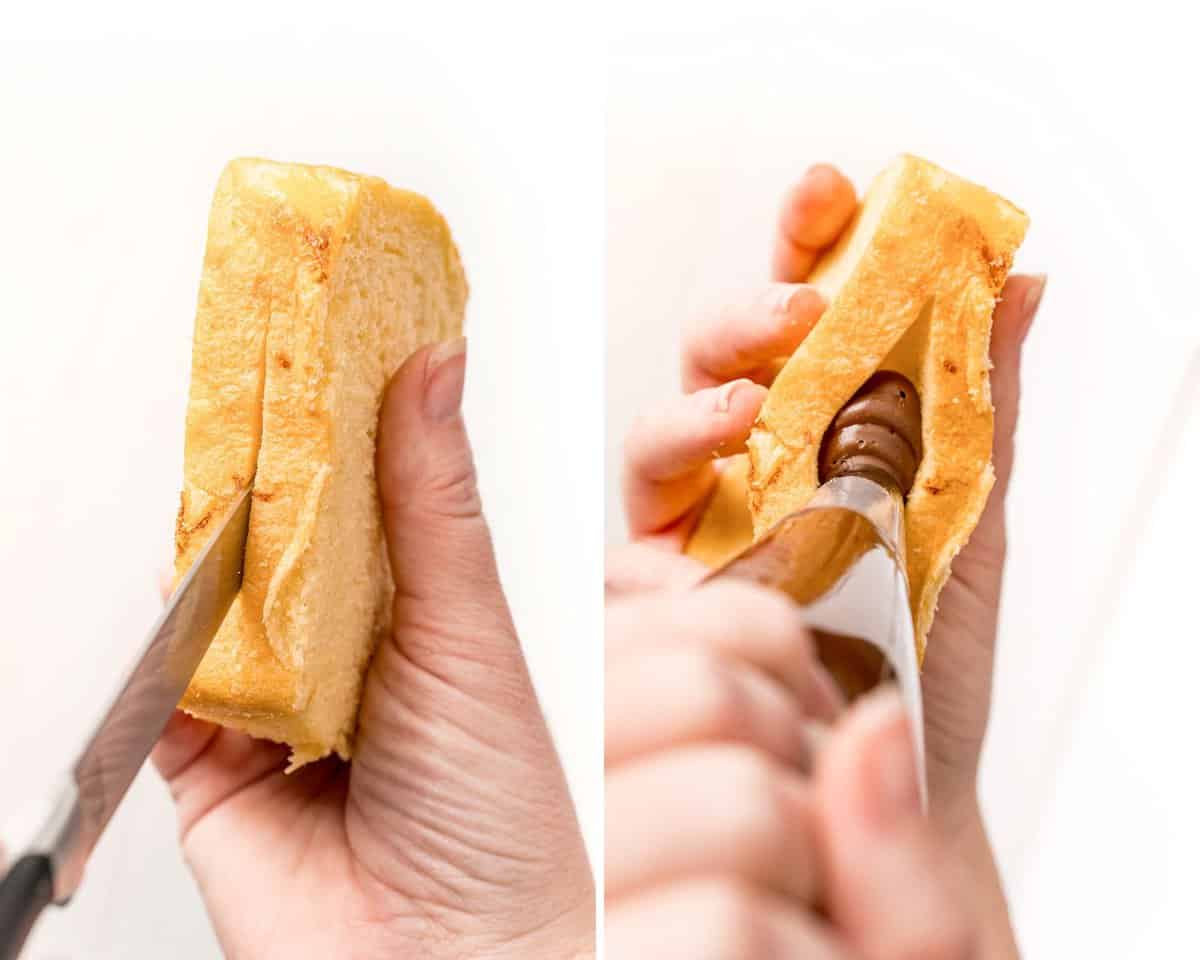 Two images showing how to stuff french toast.