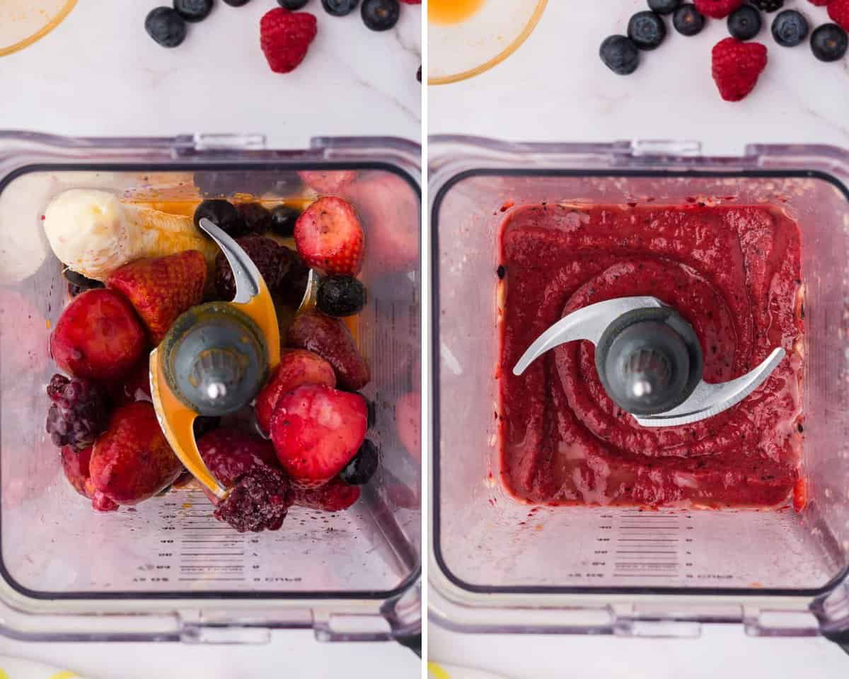 Berry smoothie before and after blending.