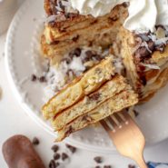 Almond joy pancakes cut to show texture.