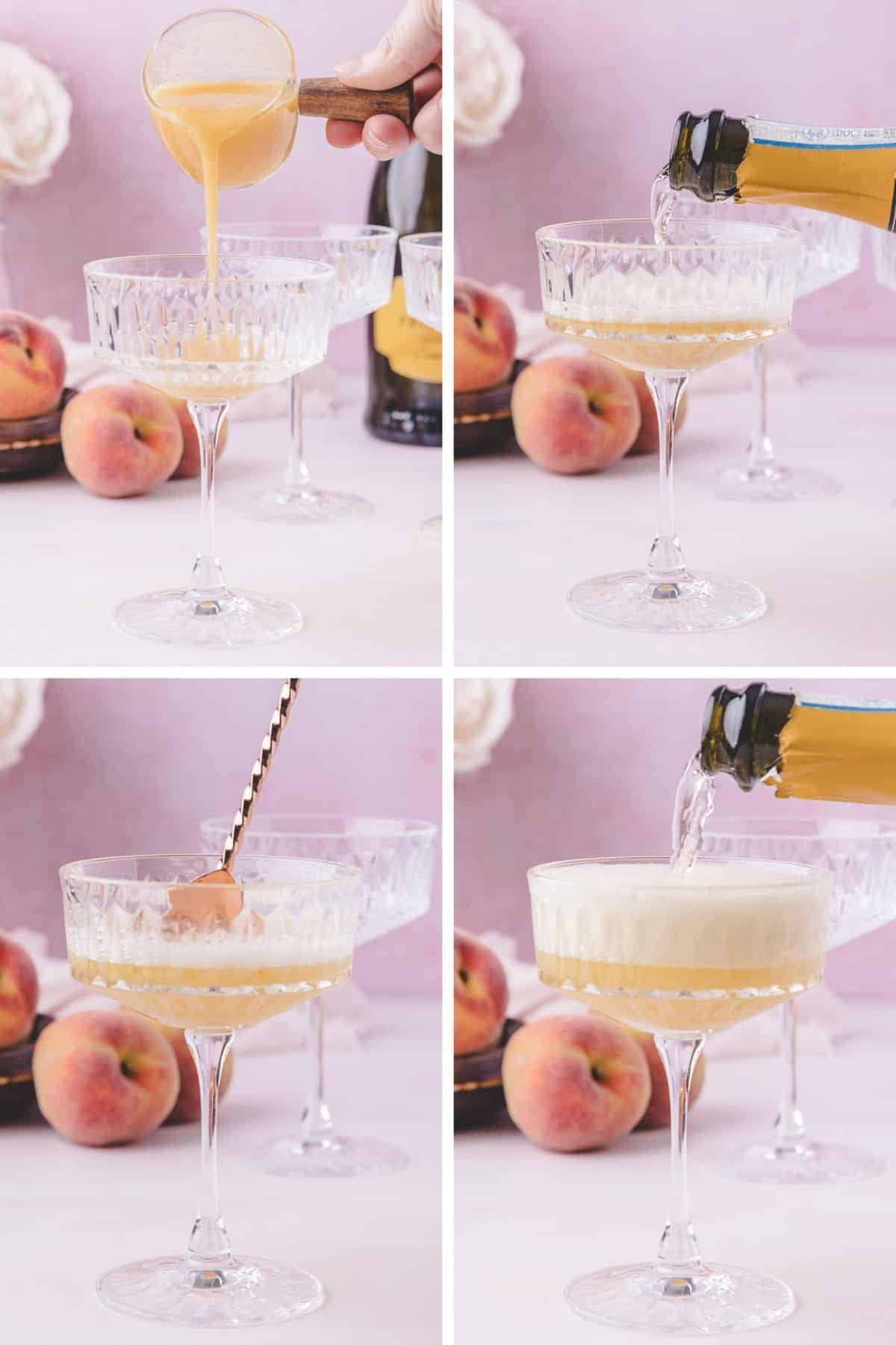 Four steps to pouring a peach bellini.