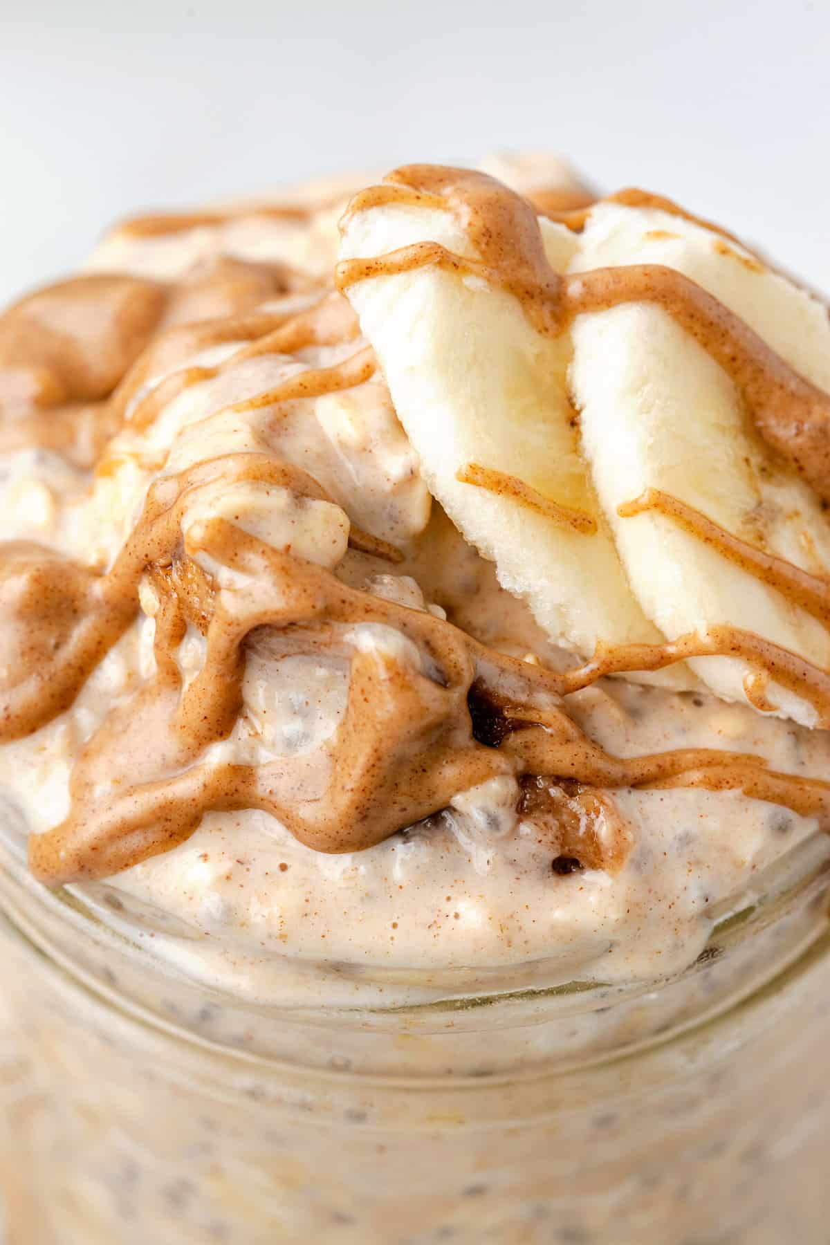 Close up view of peanut butter overnight oats.