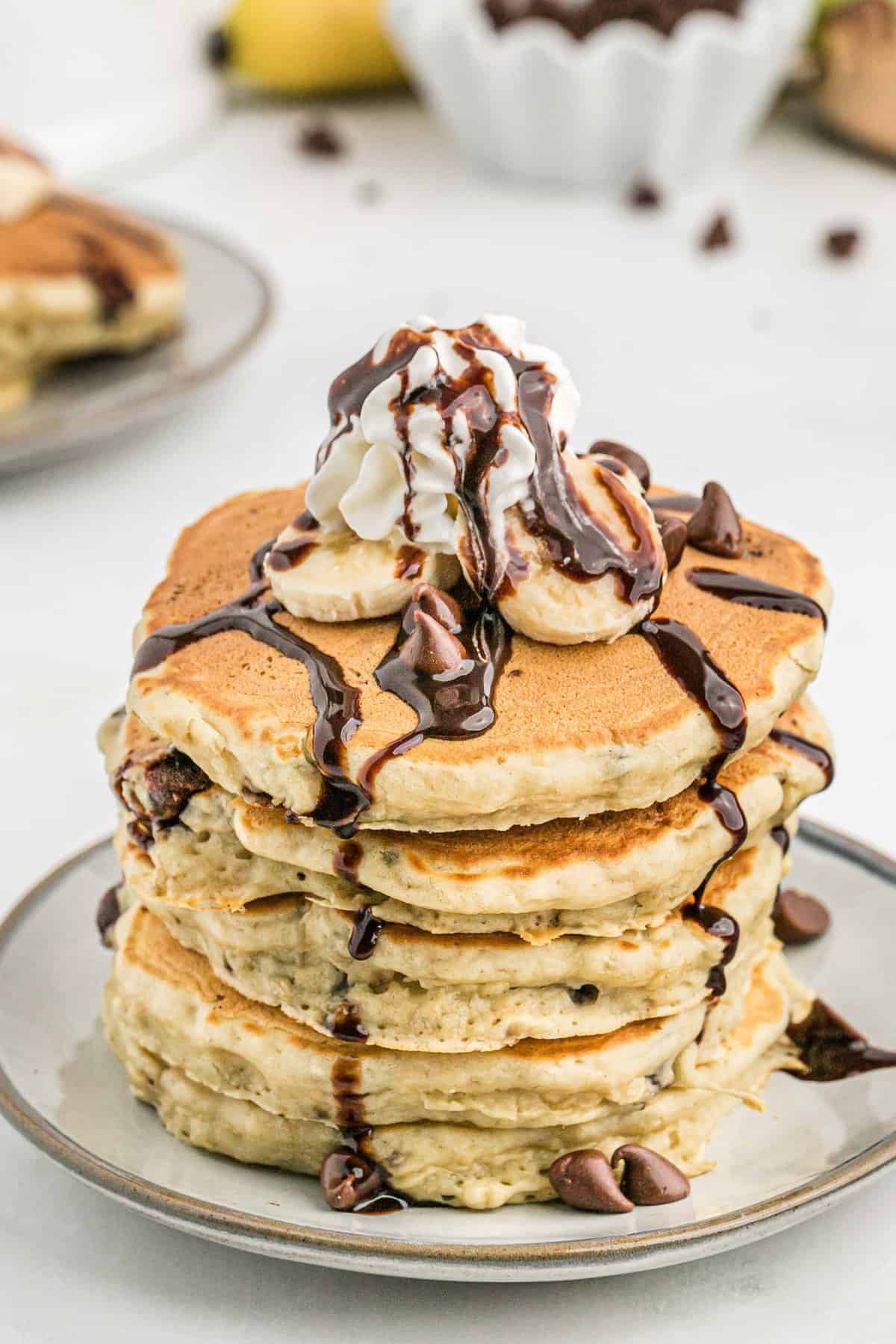 Stack of banana pancakes with chocolate chips.