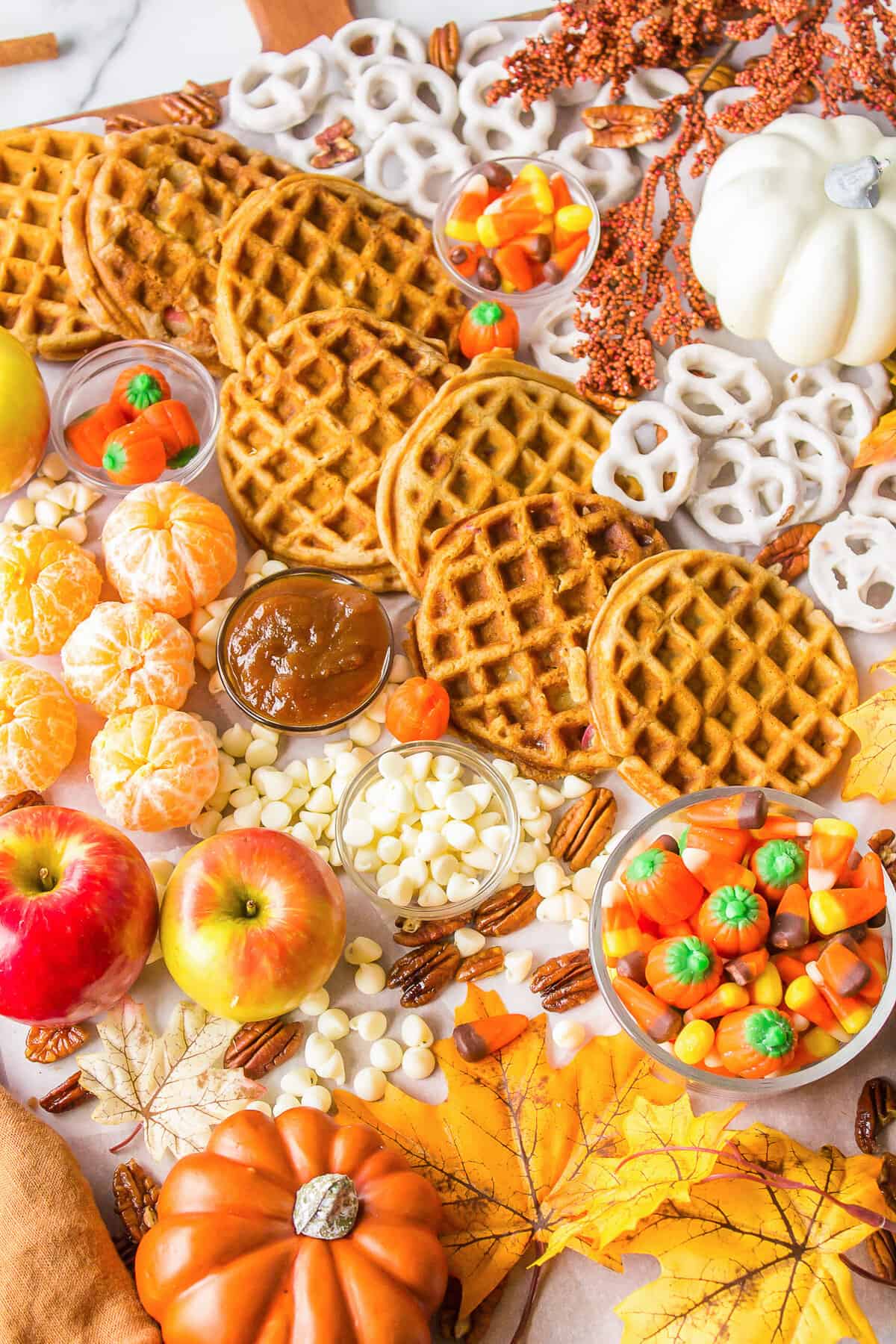 Fall brunch board with waffles and other treats.