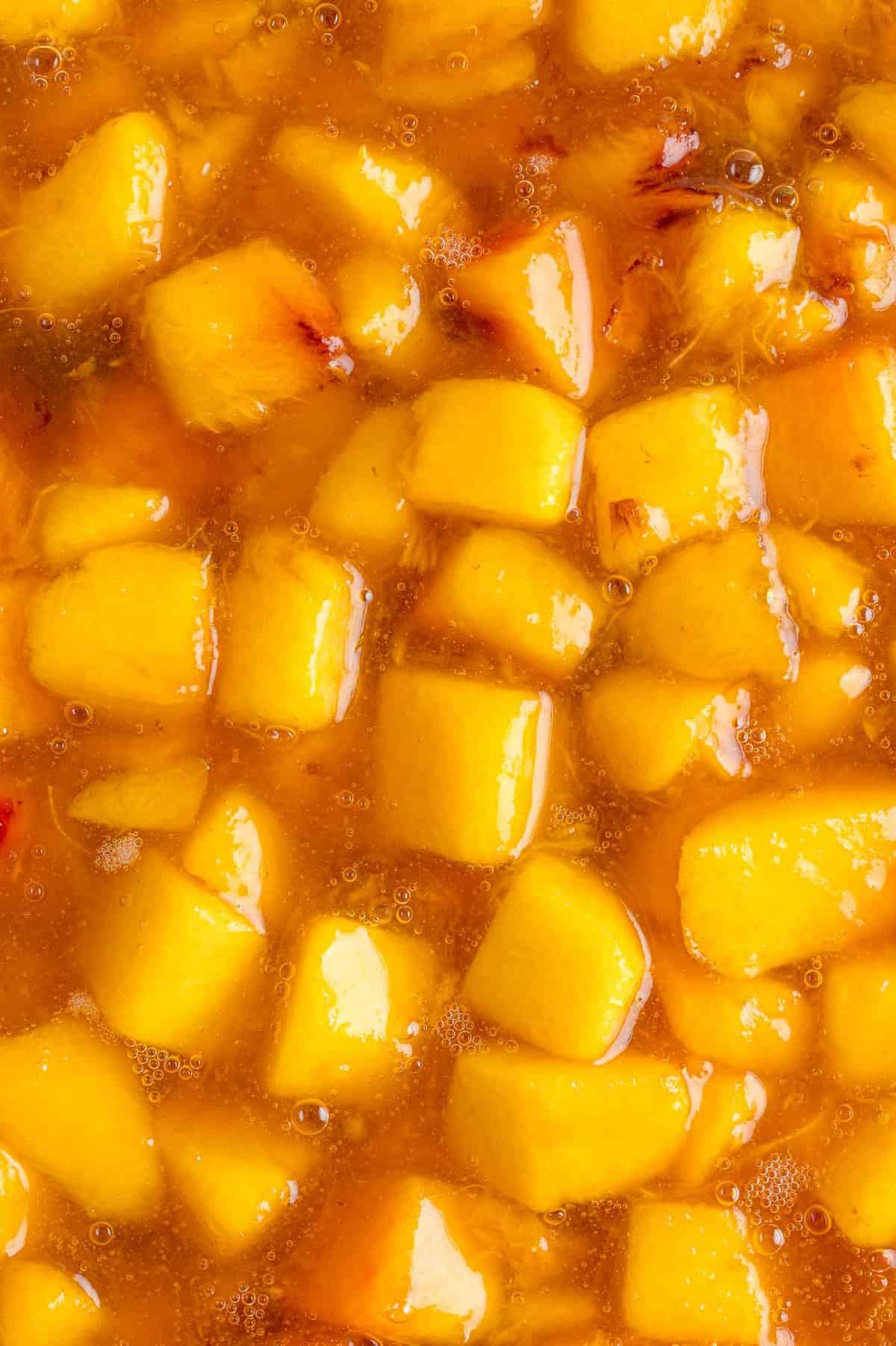 Close up of peaches in sauce, filling frame.