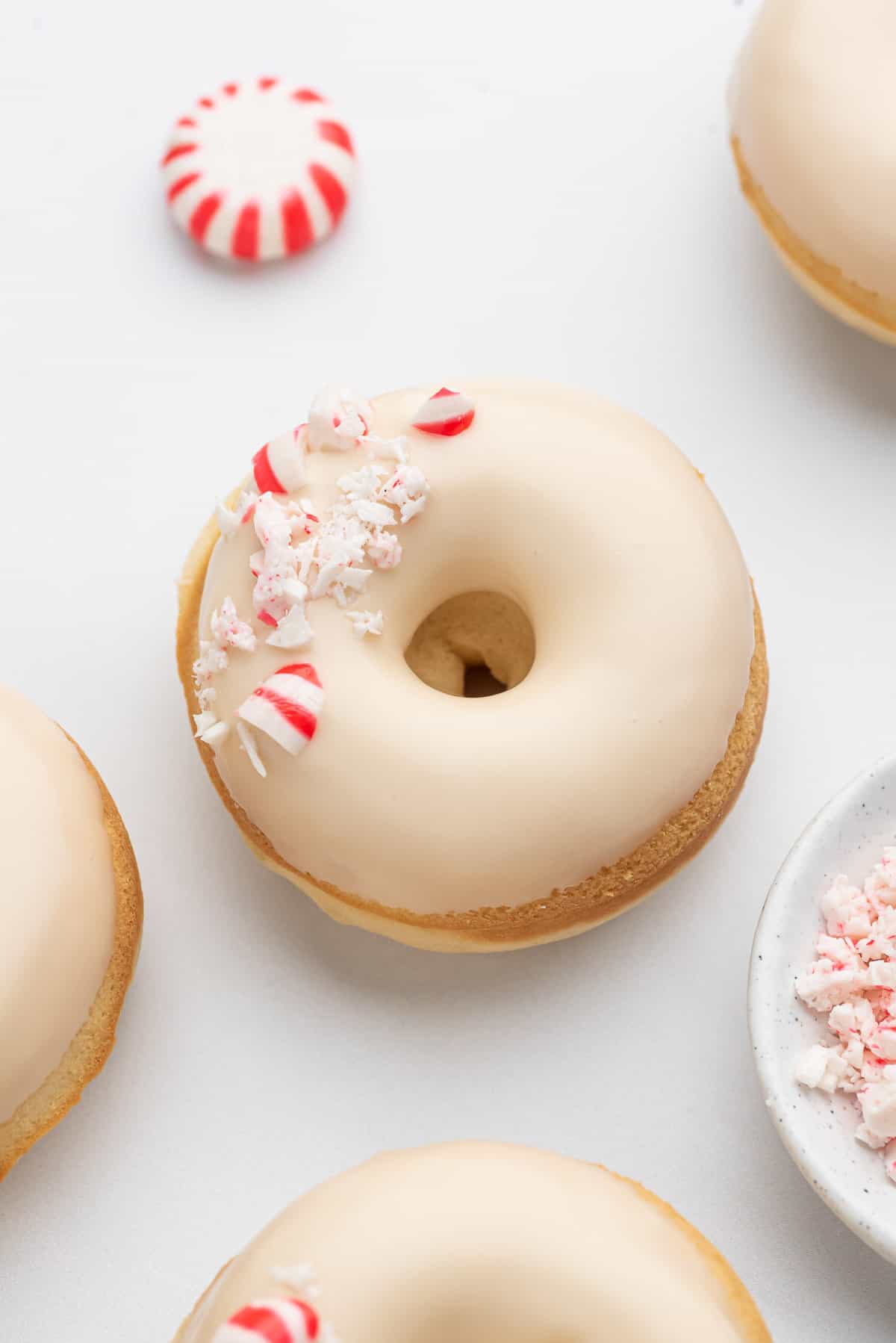 Peppermint donut on white background.