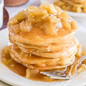 Apple pancakes with caramel apple topping.