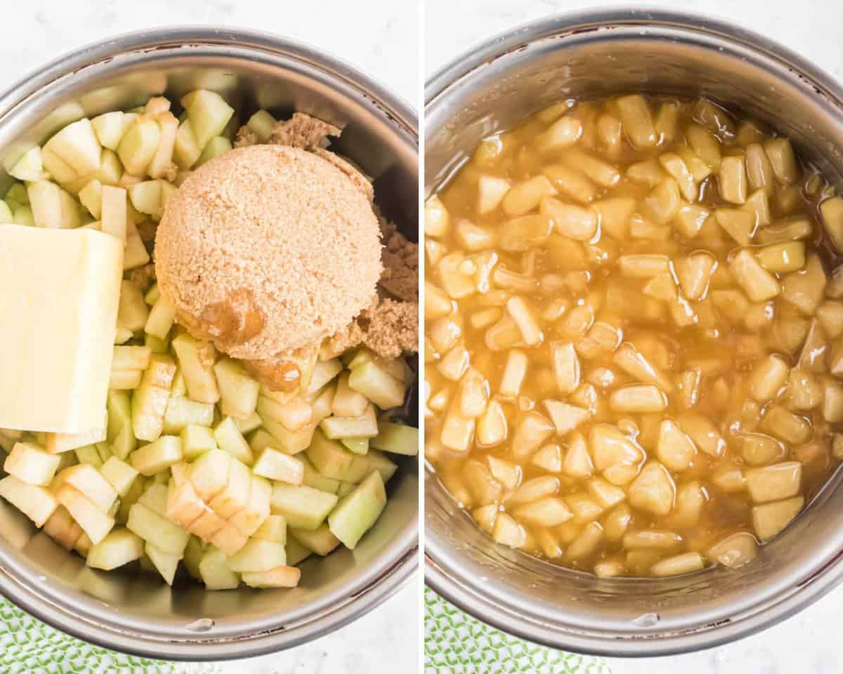 Caramel apple sauce before and after cooking.