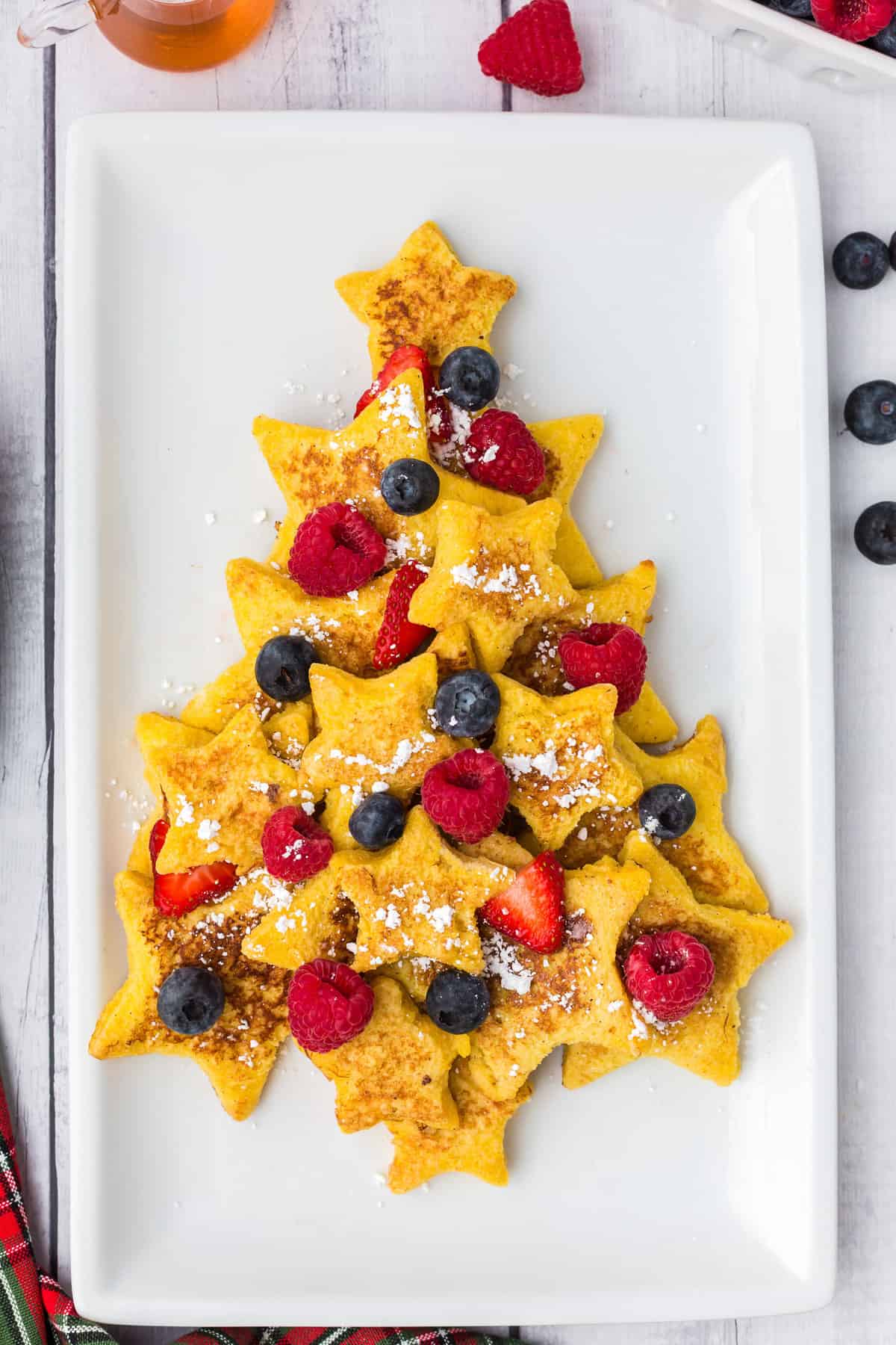 Christmas tree french toast made from star shaped toast.