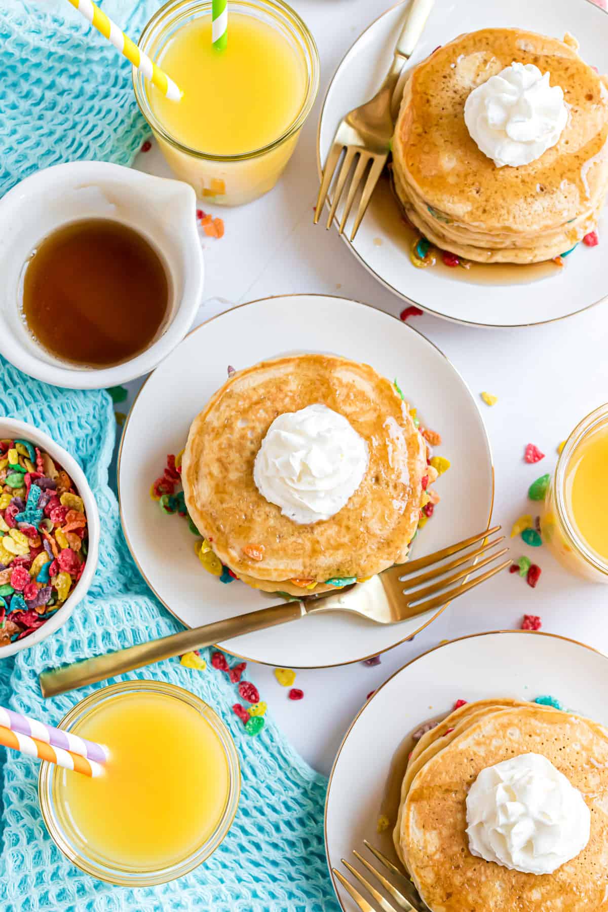 Overhead view of fruity pebbles pancakes.