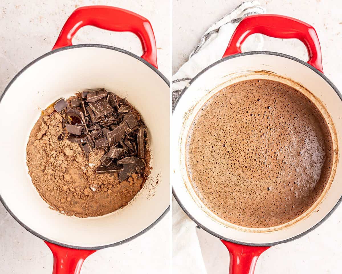 Hot chocolate before and after melting.