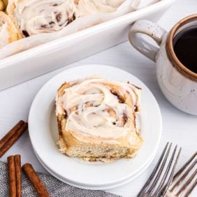 Cinnamon roll with cream cheese frosting.