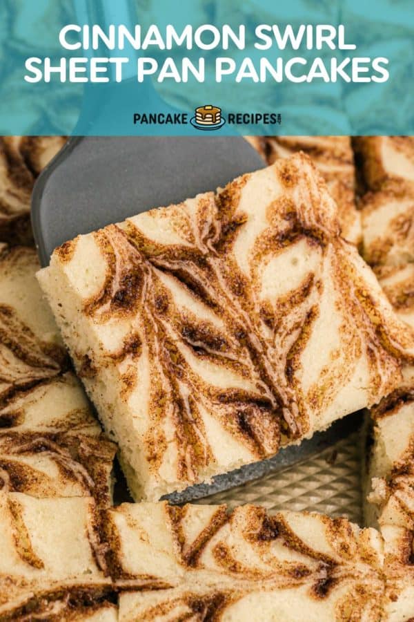 Pancake, text overlay reads "cinnamon swirl sheet pan pancakes."