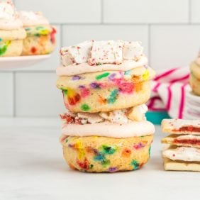 Two pop tart donuts stacked on top of each other.