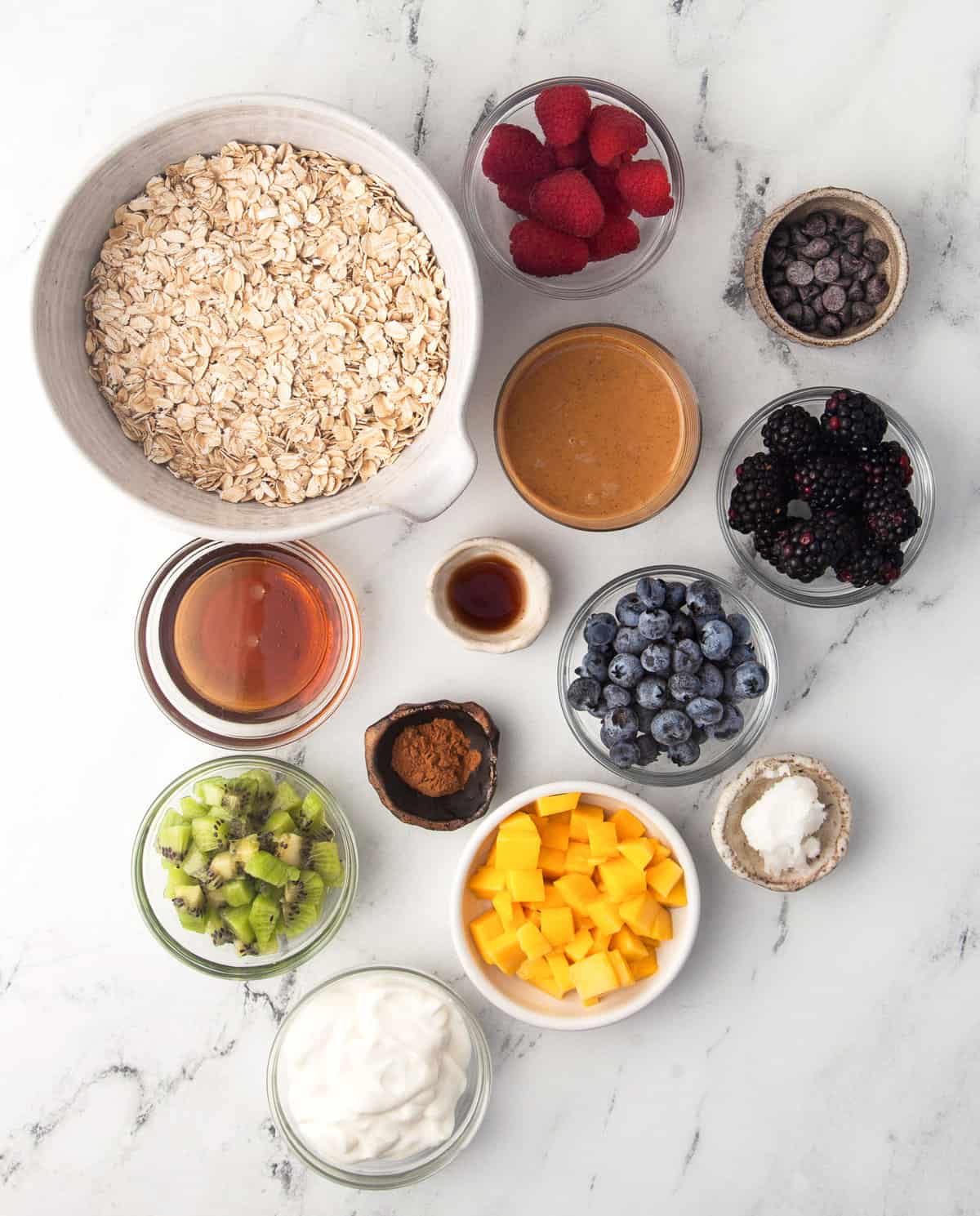 Ingredients needed for recipe, including oats and fruit.