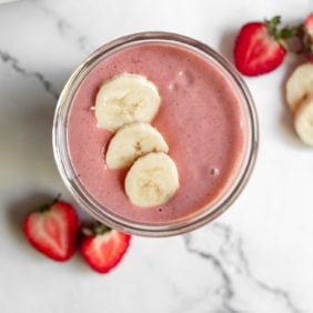 Overhead view of Strawberry Banana Peanut Butter Smoothie.
