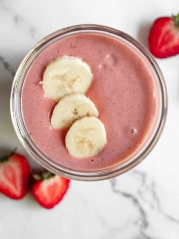 Overhead view of Strawberry Banana Peanut Butter Smoothie.