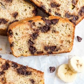 Sliced pancake mix banana bread with chocolate chips.
