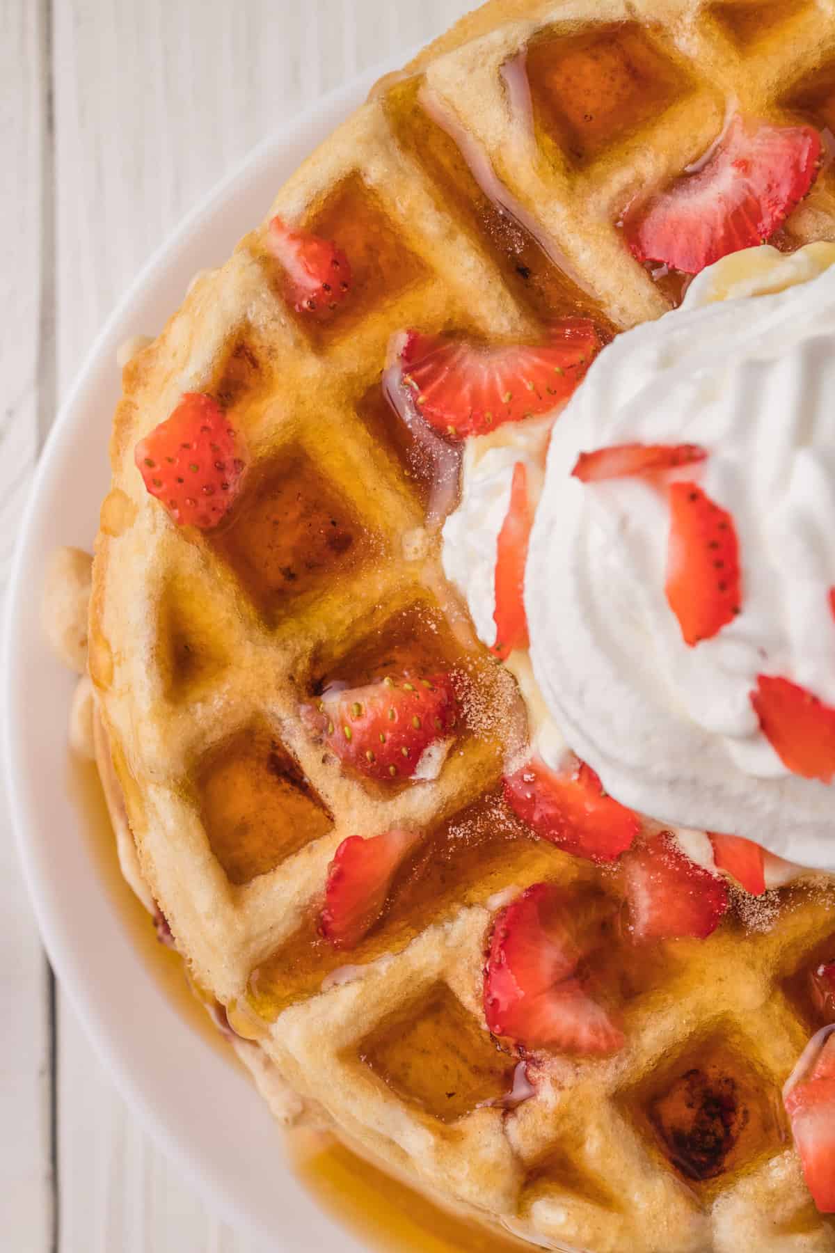 Overhead view of strawberry waffle.