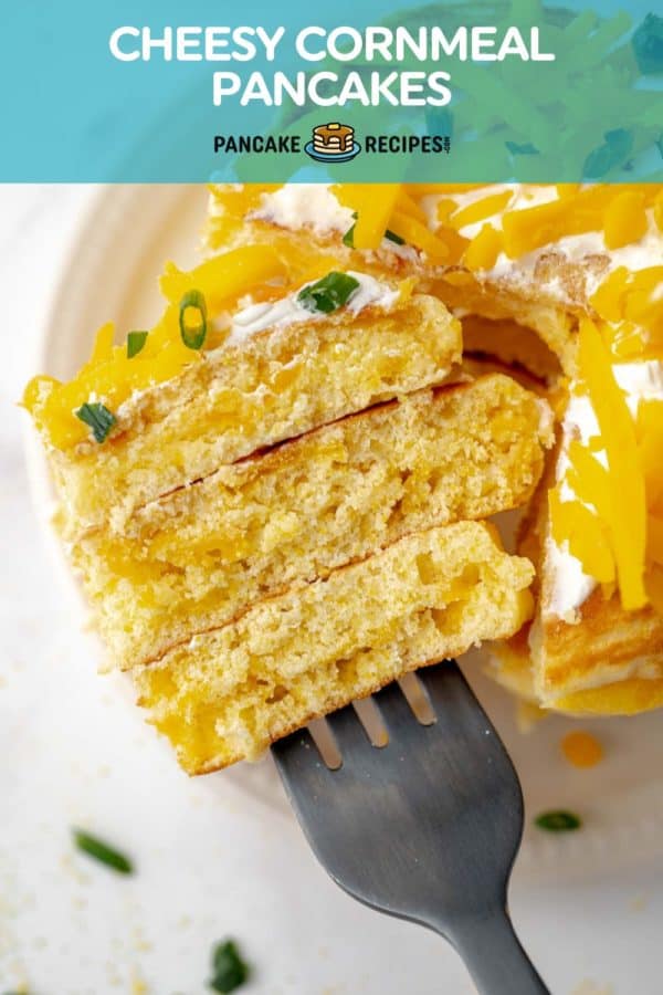 Cheesy cornmeal pancakes pinterest image with text and photos.